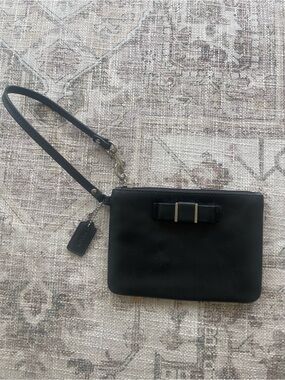 Coach Black Saffiano Leather Wristlet with Bow Accent
